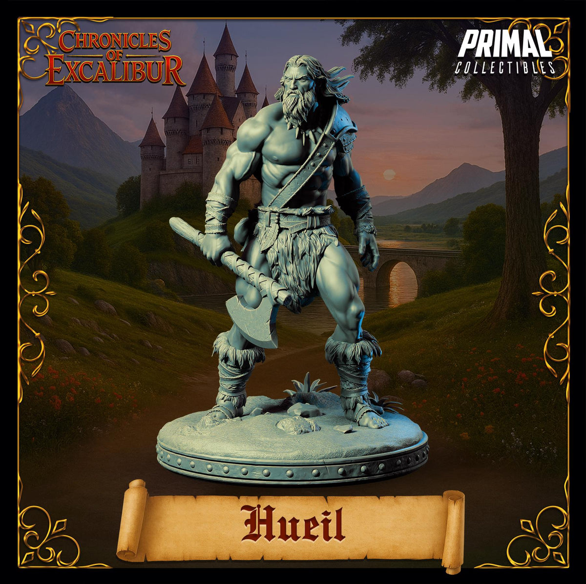A statue of a muscular, bearded warrior figure holding a sword and shield, standing in front of a castle-like structure against a mountainous landscape.