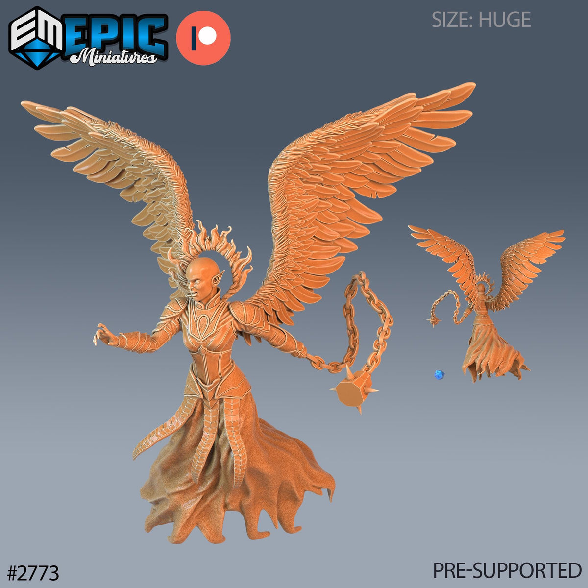 a large, winged female figure with a chain around her neck, possibly a deity or a mythical creature. The figure is shown in a dynamic pose, with outstretched wings and a flowing skirt. The image is pre-supported, indicating that it is a model or a 3D rendering of a character that can be used for various purposes, such as gaming, animation, or other creative projects.