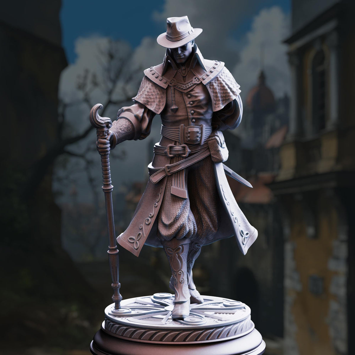 A statue of a man dressed in a long coat and hat, holding a walking stick and sword, standing on a pedestal.