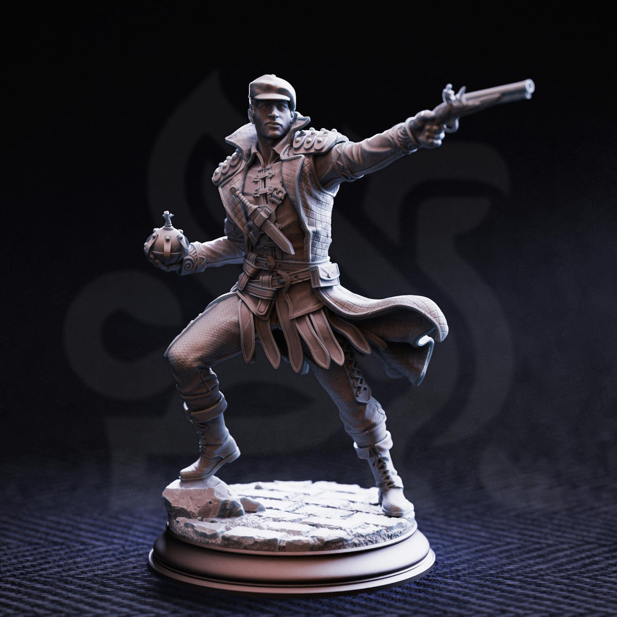 A detailed 3D model of a character in a historical costume, holding a gun and appearing to be in motion.