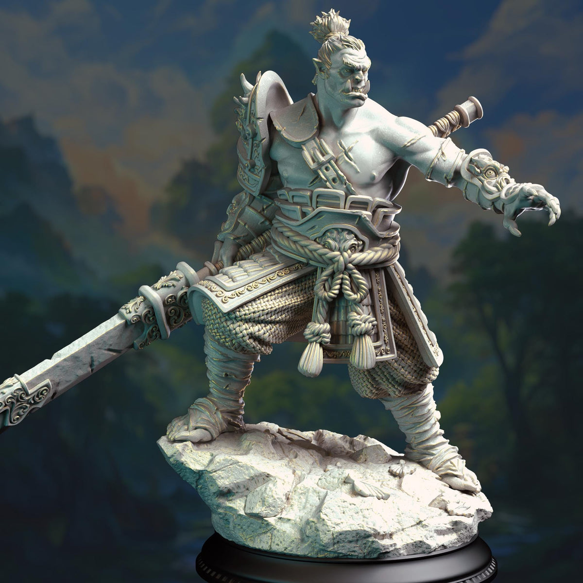 A detailed 3D model of a warrior figure, standing on a rock and holding a sword in one hand and a shield in the other.