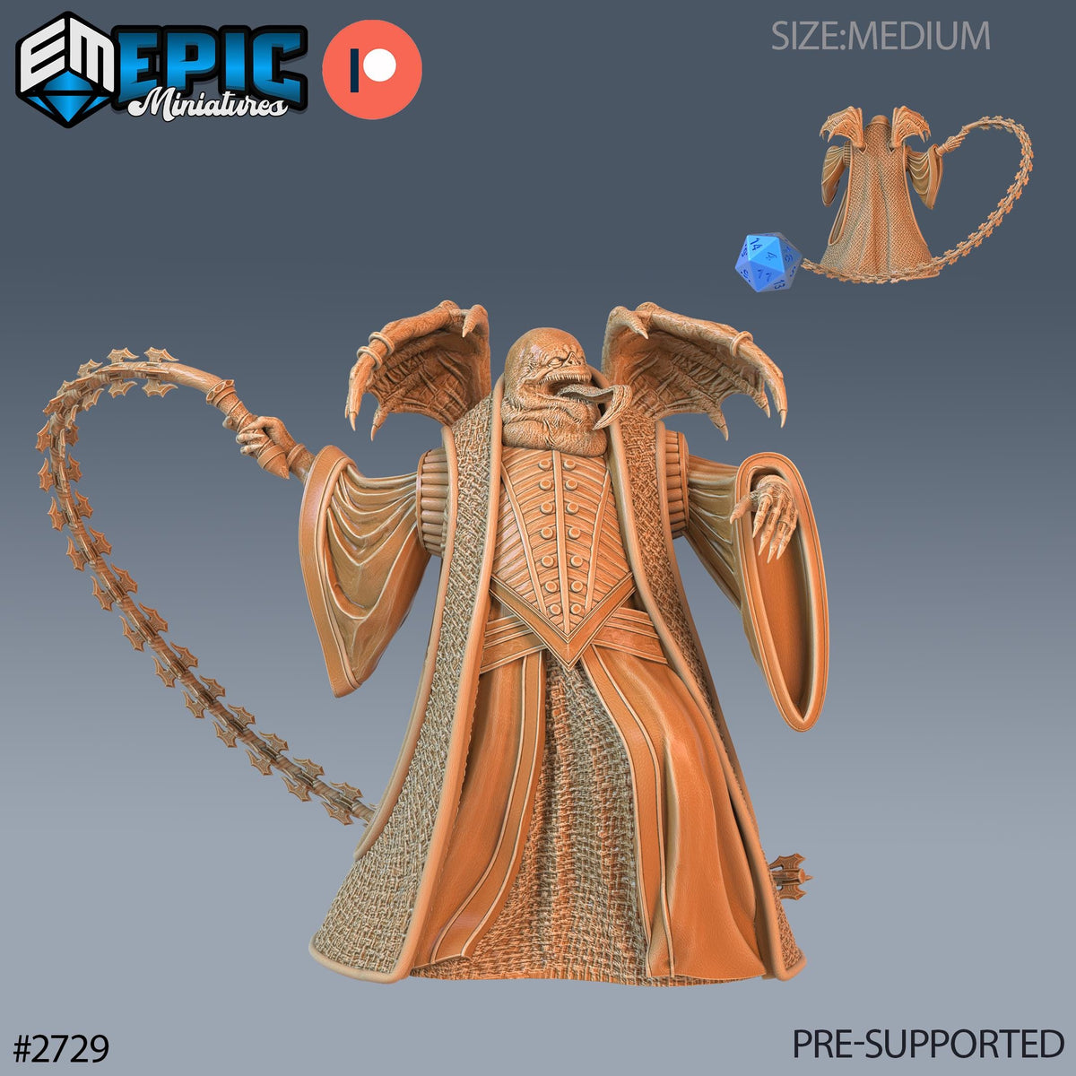 The image is a 3D rendering of a detailed fantasy character, possibly a deity or a magical being, with intricate details and a brown color scheme. The character is holding a staff and has a chain-like weapon in its hand. The image is pre-supported, meaning it is ready to be used in a game or other creative project.