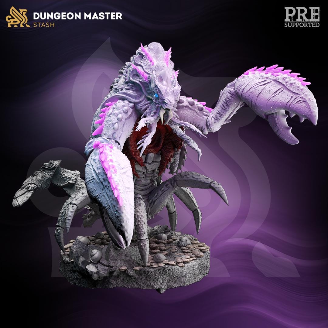 A detailed 3D model of a fantastical creature, resembling a dragon or a sea monster, with intricate textures and patterns. The creature has a large head, long claws, and a distinctive pink and purple color scheme. The image is set against a dark purple background, which emphasizes the creature's features and adds to its visual impact.