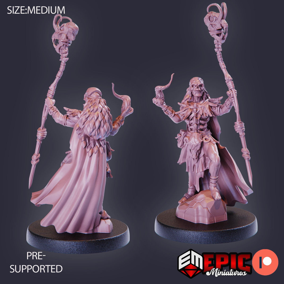 two figurines of a character with a long beard and a staff, standing on a platform. The figurines are described as being "pre-supported" and "size-medium".