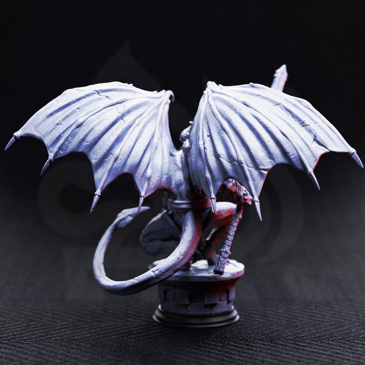 A detailed 3D rendering of a winged creature with a red and black color scheme, standing on a pedestal against a dark background.