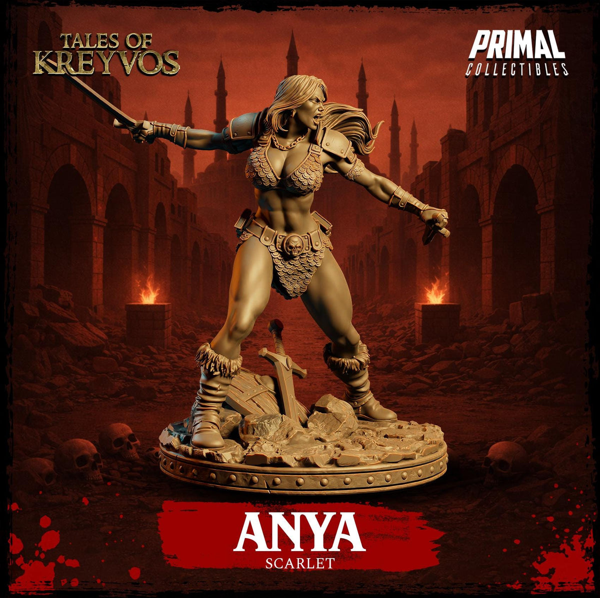 a bronze statue of a female warrior named Anya, who is depicted as a scarlet-clad warrior, standing in a dramatic pose with a sword in her hand.