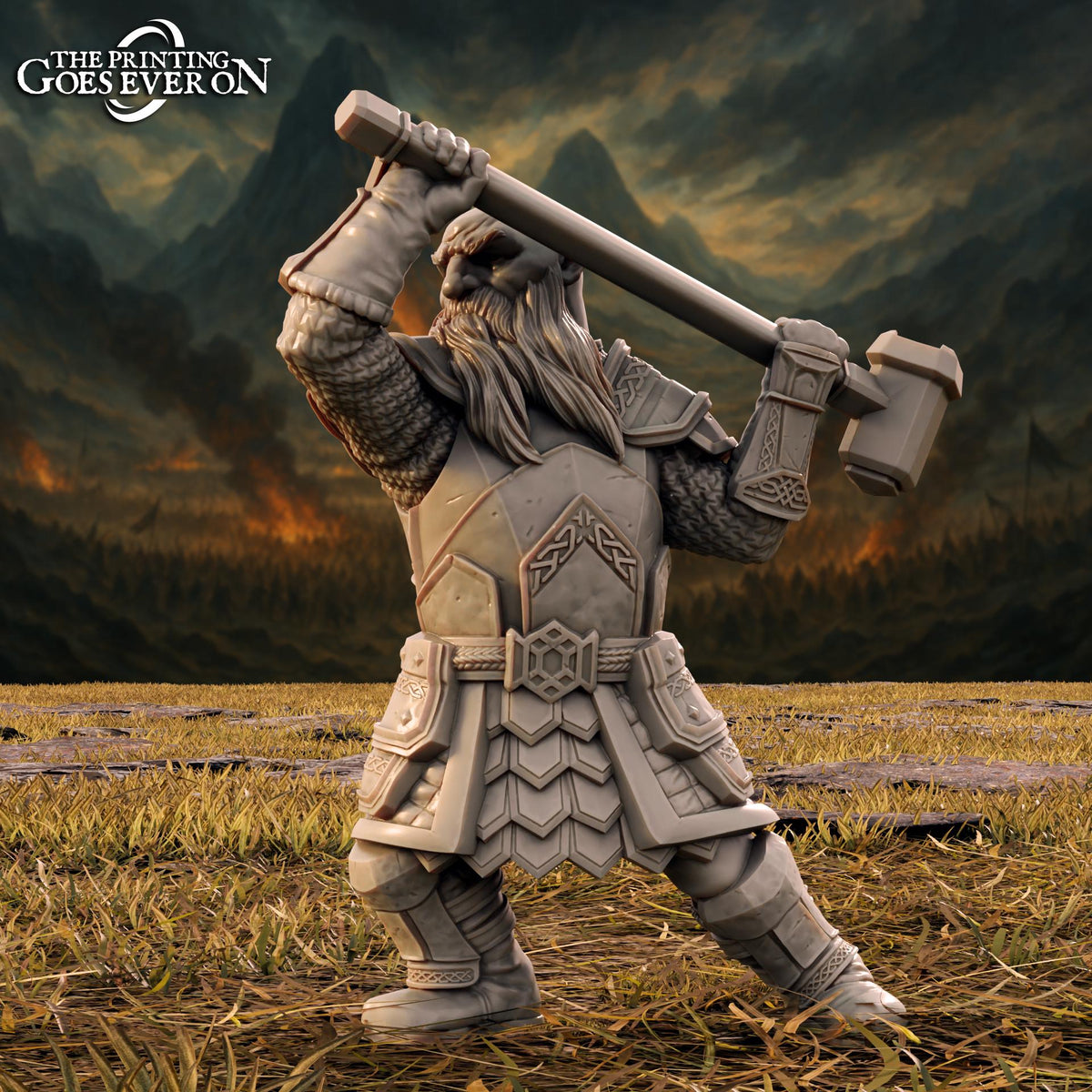 A detailed 3D model of a dwarf warrior wielding a large hammer, set against a dramatic mountainous landscape.