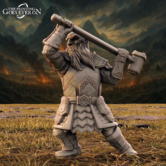 A detailed 3D model of a dwarf warrior wielding a large hammer, set against a dramatic mountainous landscape.