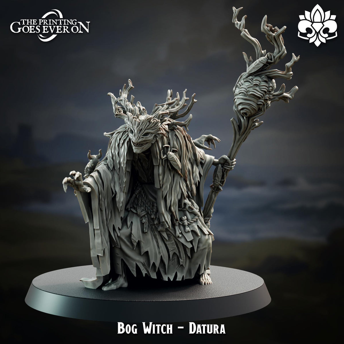 A detailed figurine of a witch, specifically Datura, holding a staff and a cauldron, set against a dark, moody background.