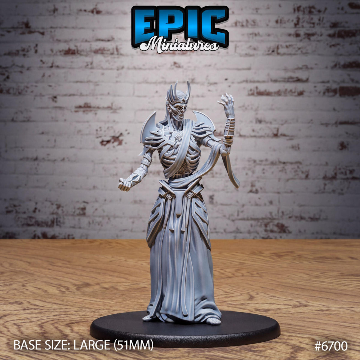 A figurine of a skeletal, armored character standing on a black base, with a brick wall in the background.