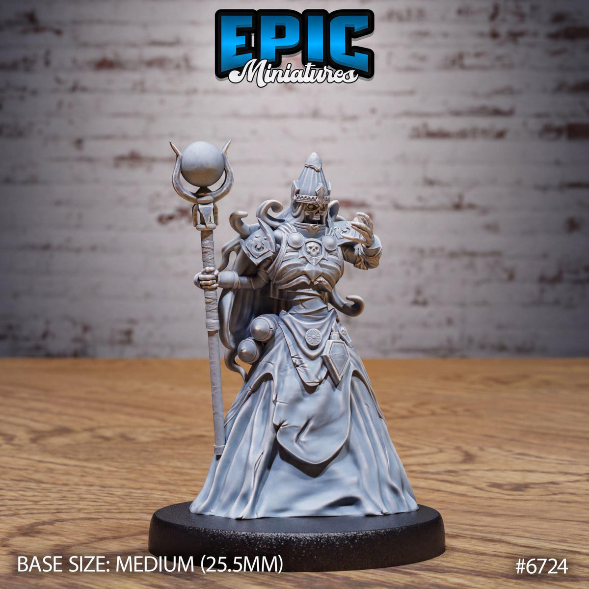 A figurine of a knight or warrior figure, standing on a wooden surface and holding a staff or staff-like object. The figurine appears to be made of a material that resembles metal or stone, and it is described as a "MEDIUM" size, with a base size of 25mm. The image also includes the text "EPIC MINIATURES" and "#6724".