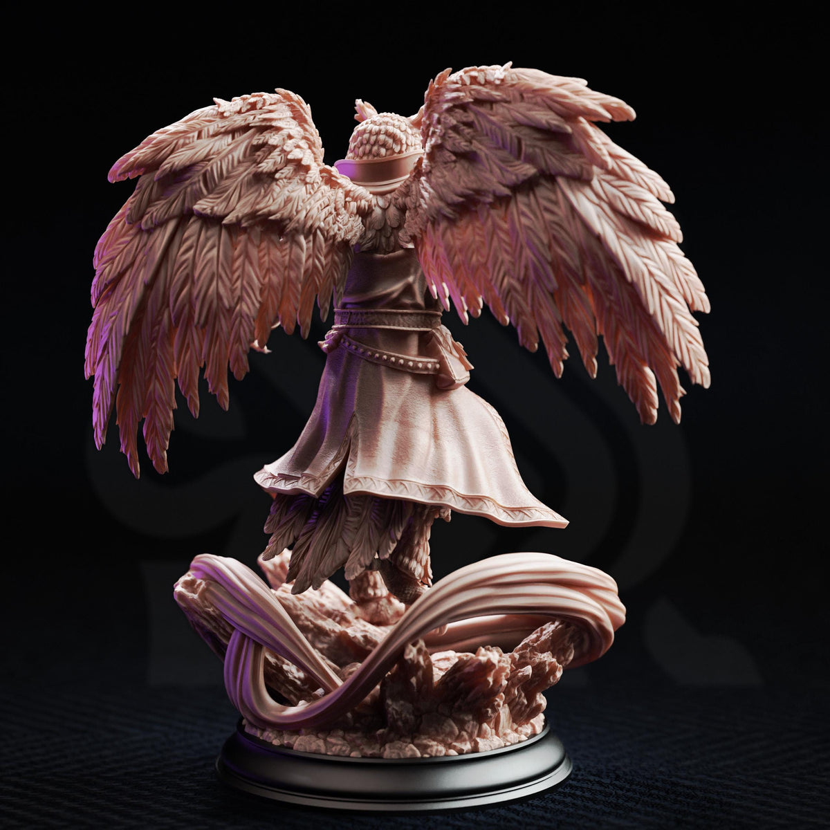 A detailed 3D model of a winged figure with outstretched wings, standing on a base with a flowing, abstract design.