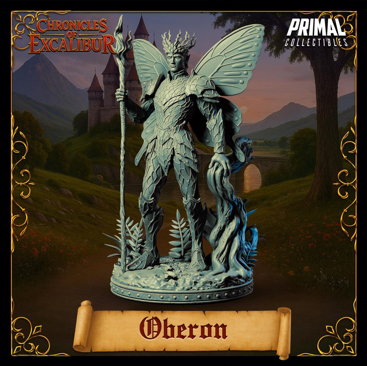 a statue of a winged, armored figure with a staff, standing in a landscape with mountains in the background.