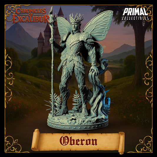 a statue of a winged, armored figure with a staff, standing in a landscape with mountains in the background.