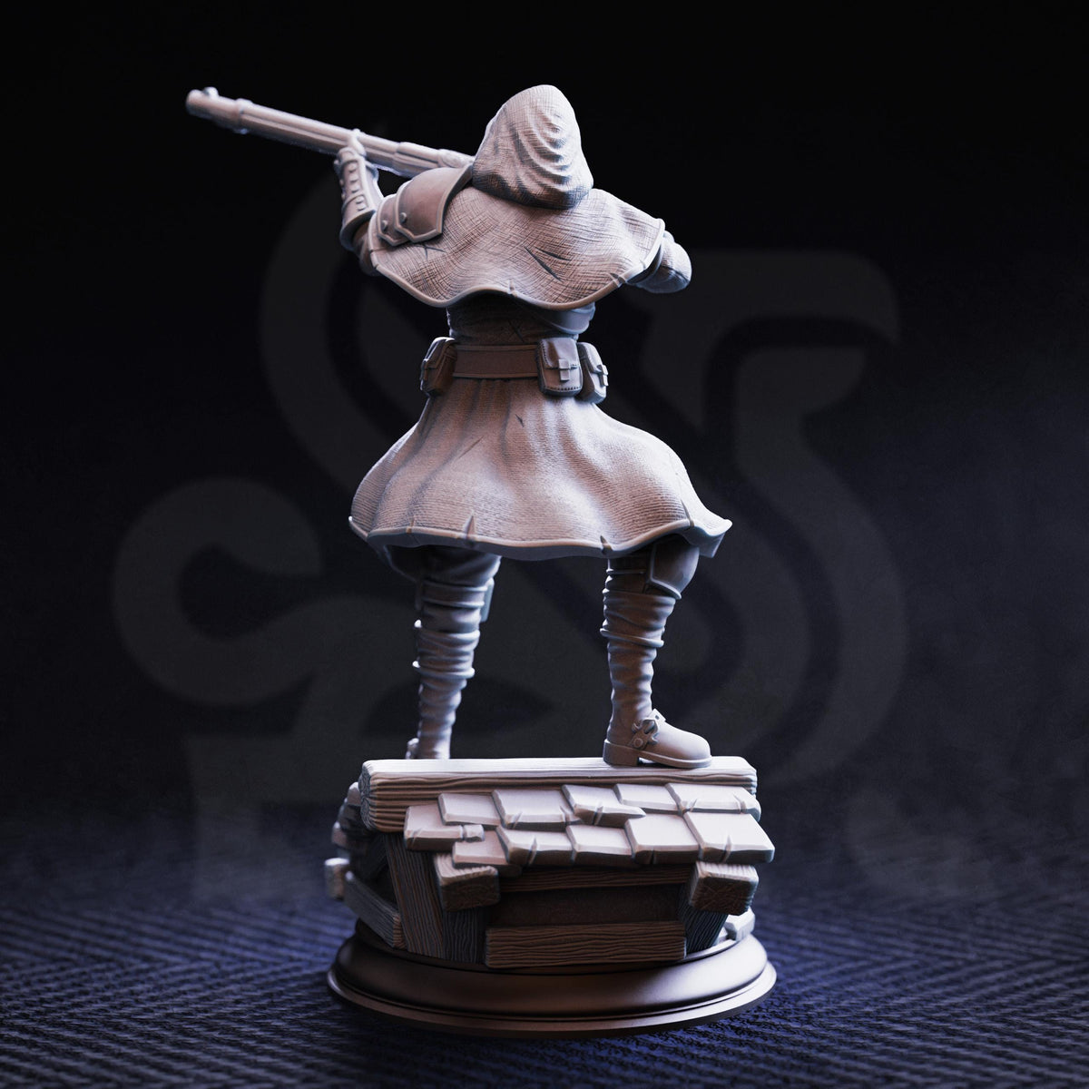 A 3D model of a character holding a weapon, standing on a platform with a dark background.