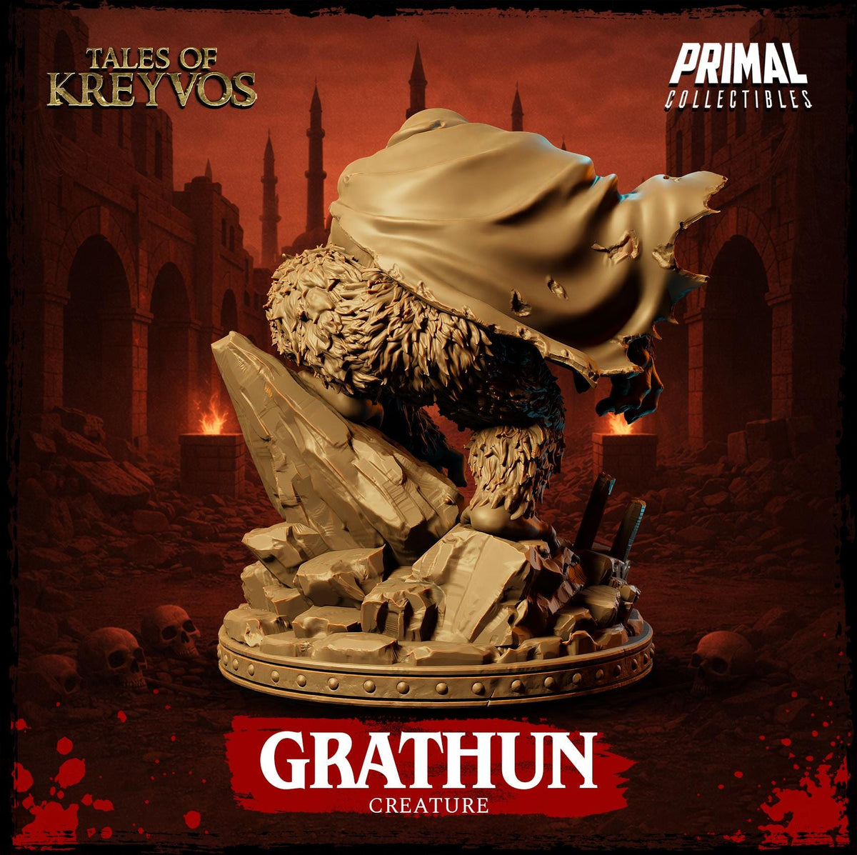 a large, furry creature with a cape-like covering, standing on a rocky base. The creature appears to be a type of animal or mythical being, possibly a dragon or a similar creature. The background of the image is dark and dramatic, with a castle or ruins visible in the distance. The text "GRATHUN" and "CREATURE" is prominently displayed, indicating the type of creature depicted in the image.