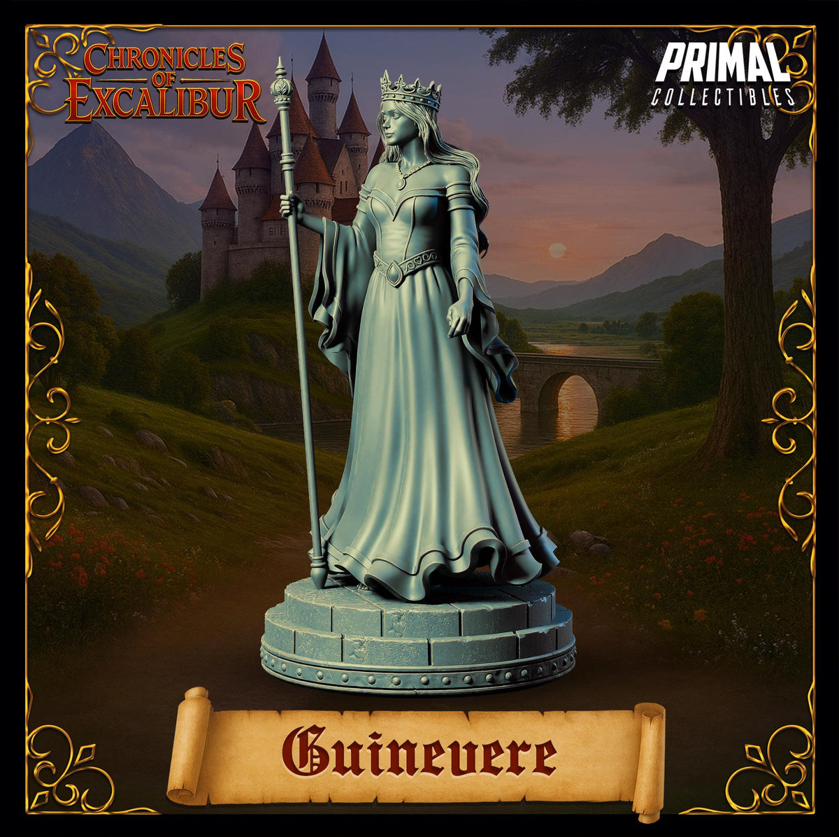 a statue of a woman wearing a crown, standing on a pedestal and holding a staff. The background includes a castle and a bridge, creating a medieval or fantasy-inspired setting. The name 'Guinevere' is prominently displayed in the image.