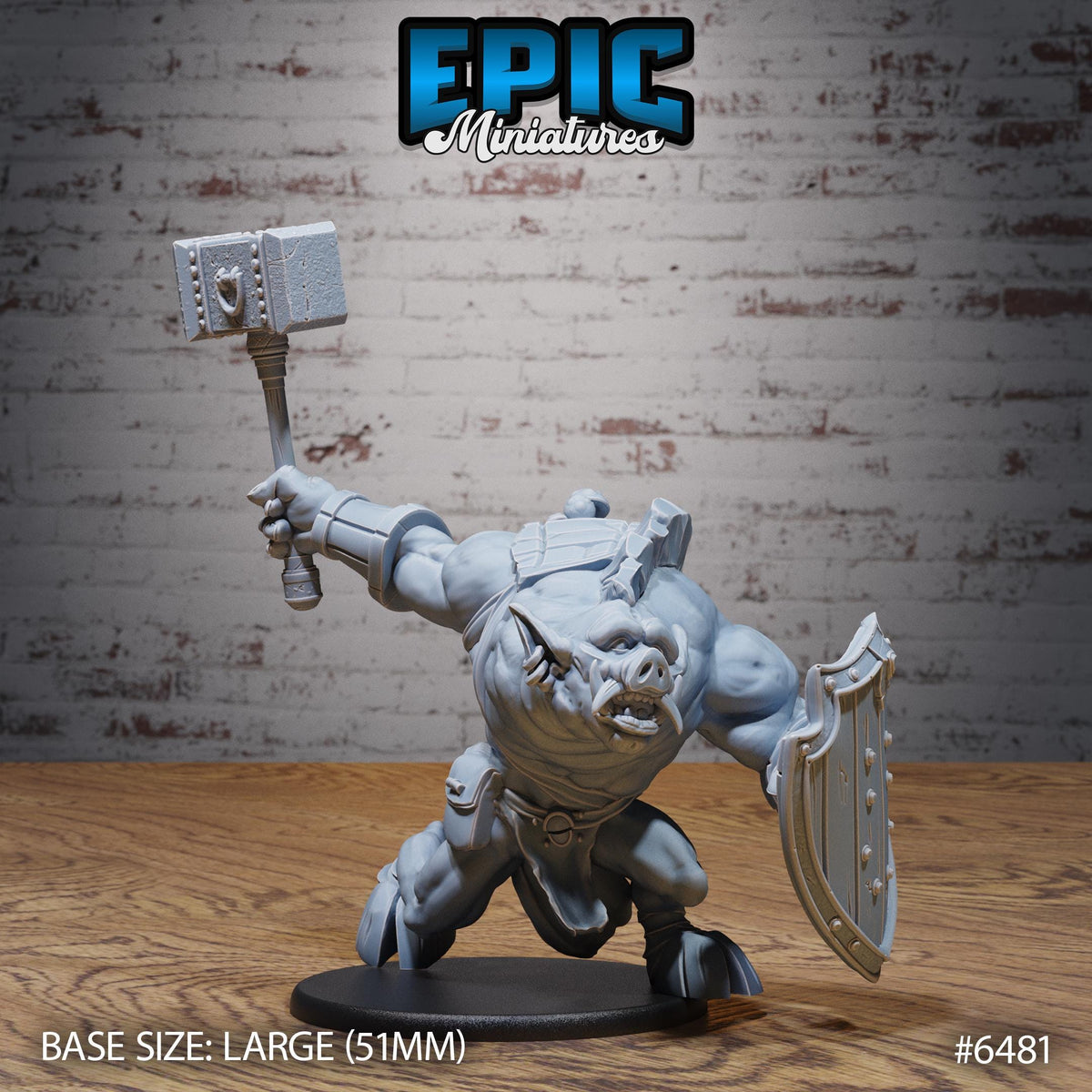 A large figurine of a pig-like creature holding a hammer and shield, standing on a wooden surface against a brick wall background.
