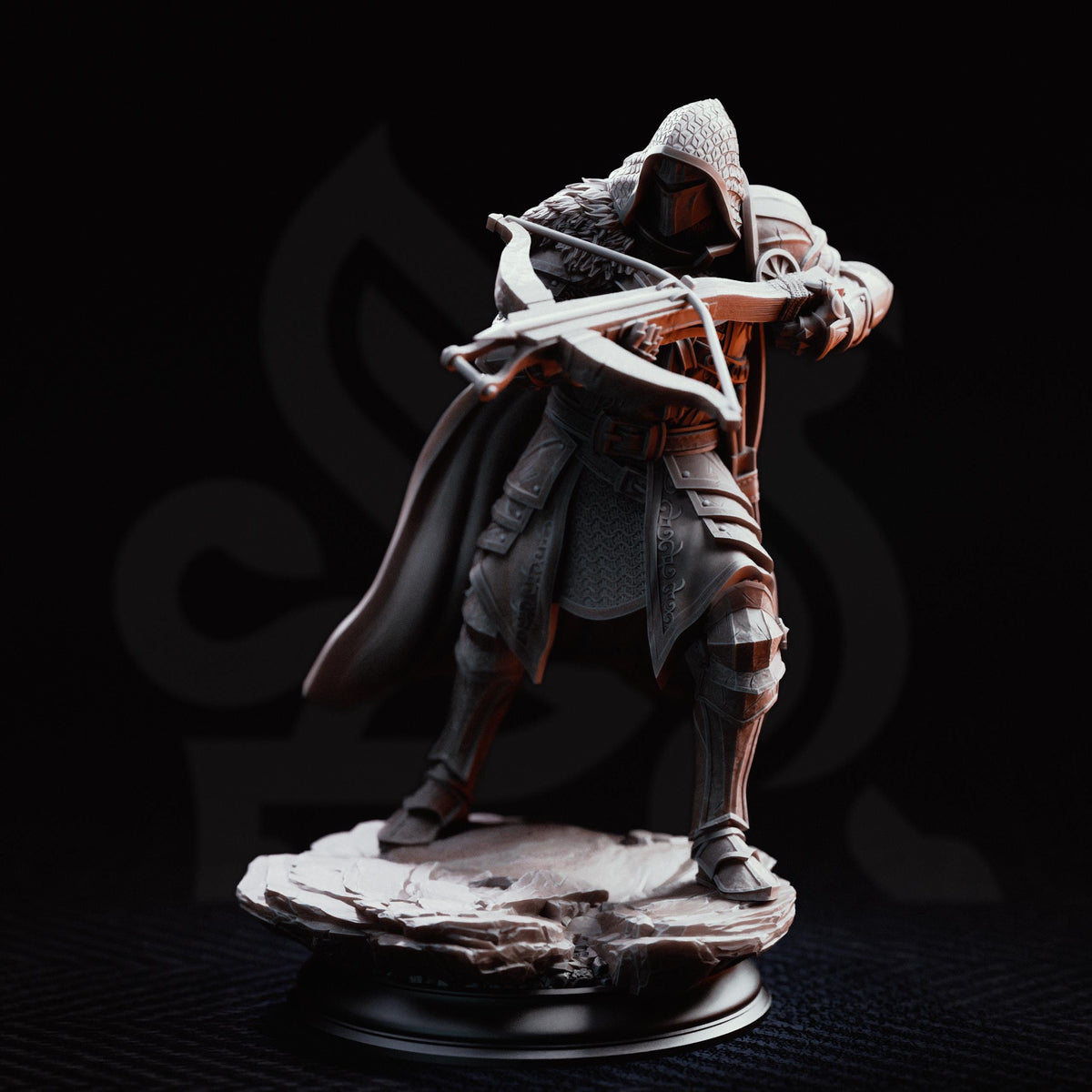 A detailed 3D model of a knight in armor, holding a crossbow and standing on a rock.