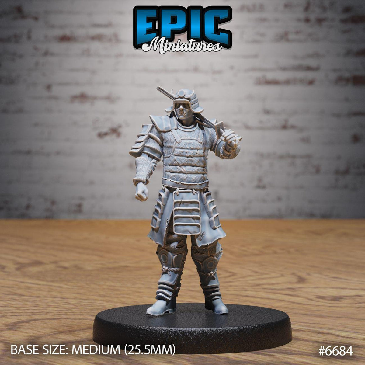 A figurine of a warrior in a fighting stance, wearing a helmet and armor, standing on a black base.