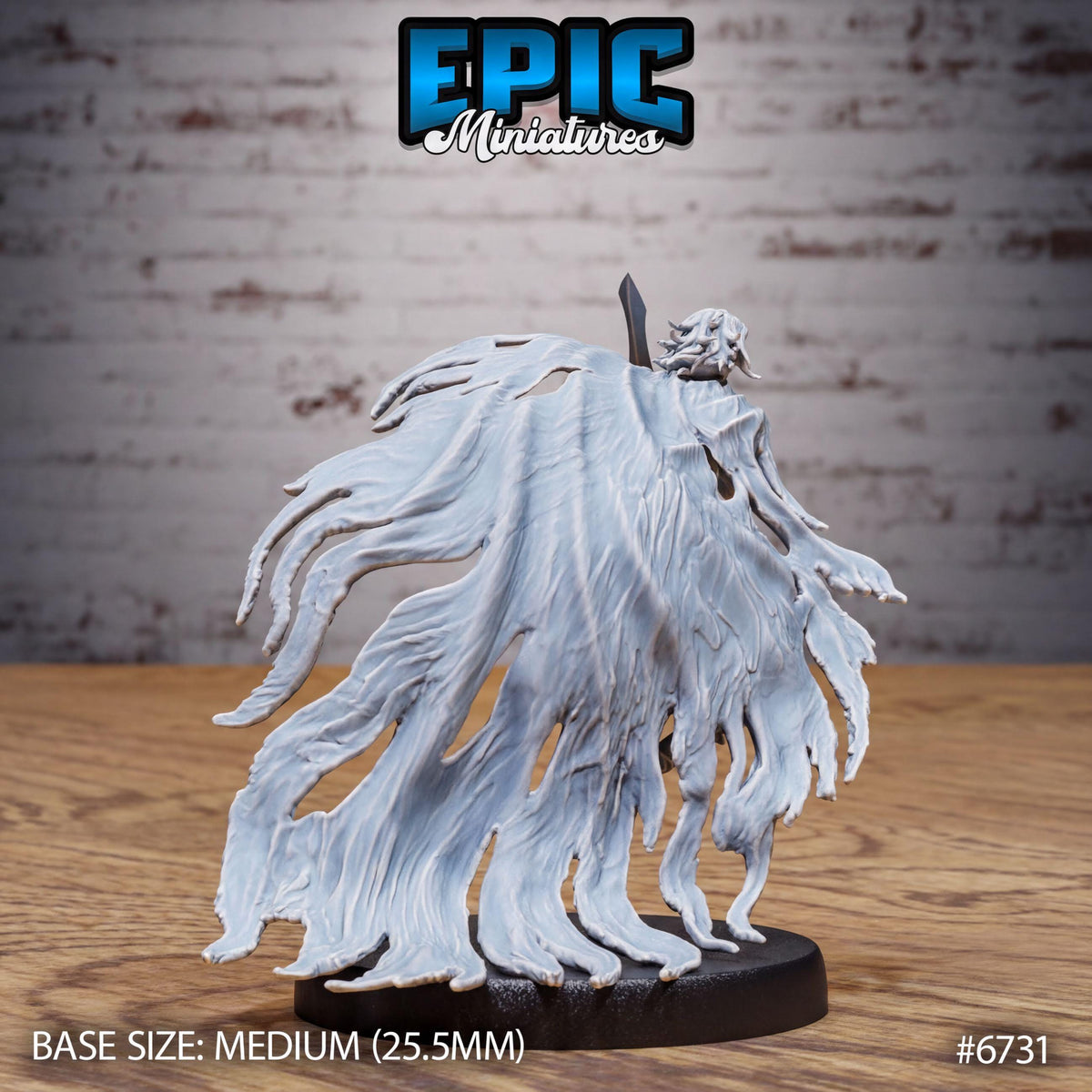 a detailed miniature of a winged creature, possibly a dragon or mythical creature, with a large, flowing, white wing. The creature is sitting on a black base, and the background is a brick wall. The image is labeled with the text "Epic Miniaturies" and "BASE SIZE: MEDIUM (25.5MM)" indicating the size and material of the model.