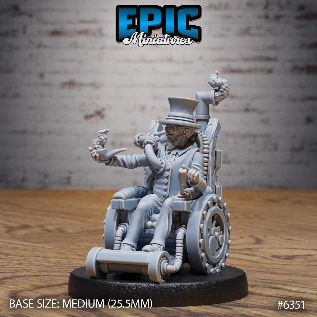 A 3D model of a character in a wheelchair, with a futuristic and mechanical appearance, sitting on a wooden surface.