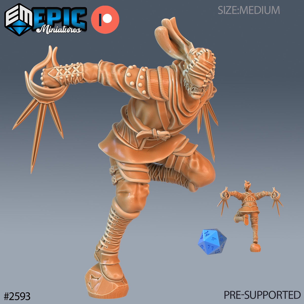 The image is a 3D rendering of a miniature figurine, depicting a character with a large head and a smaller body. The figurine is wearing a helmet and has a sword in its hand. The image is labeled as a "PRE-SUPPORTED" size-medIUM, and it is described as a "PRE-SUPPORTED" size-MEDIUM" image. The image is a collage of multiple images, and it is not described as a "collage of multiple images" or a "collage of multiple pictures."