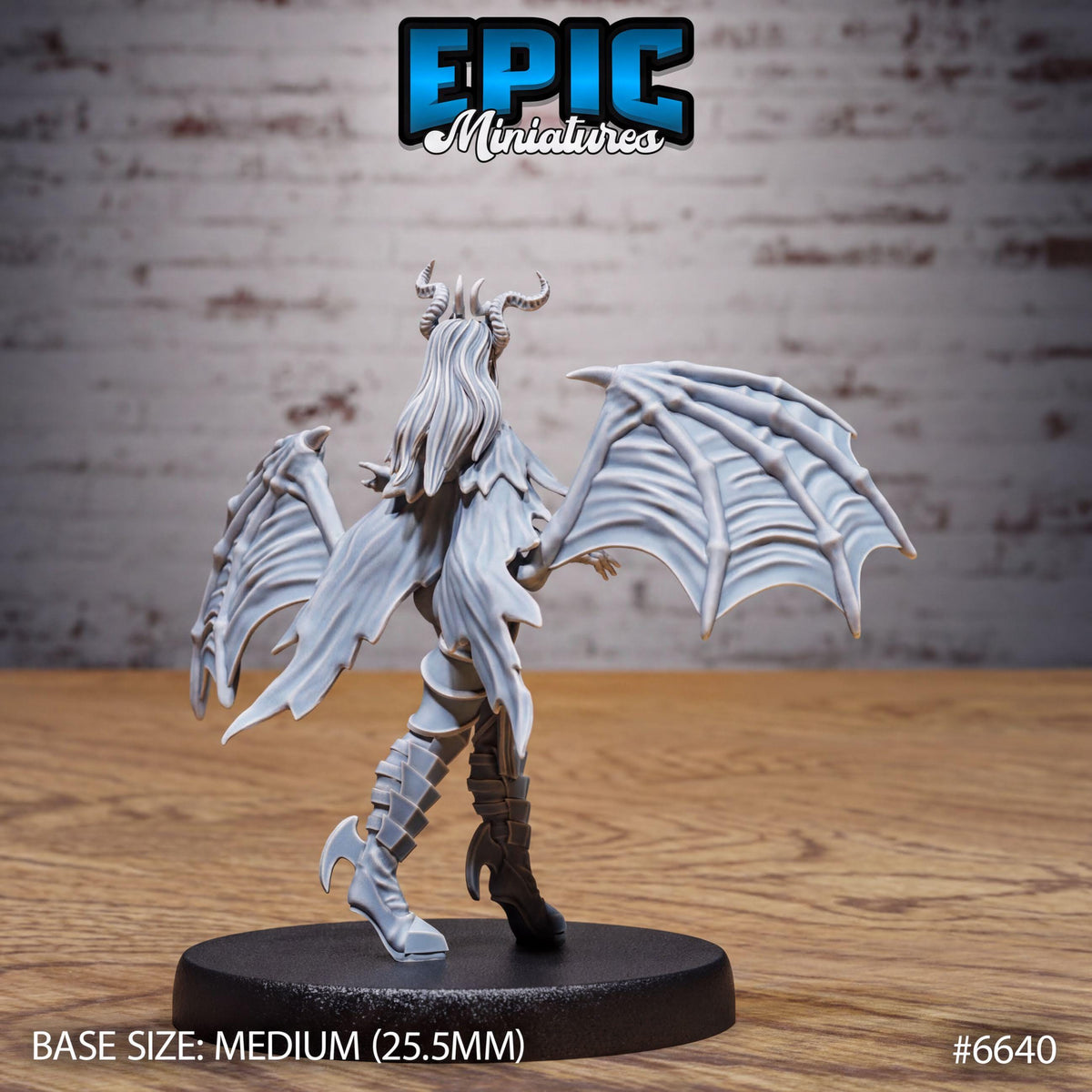 A figurine of a winged, horned creature with long hair, standing on a black base. The figurine appears to be a miniature model of a fantastical creature, possibly a dragon or a mythical being.