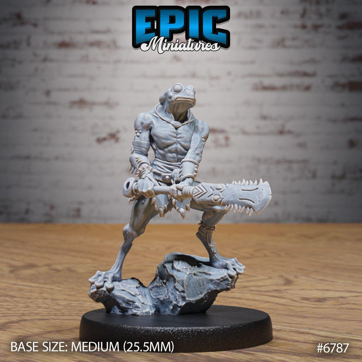 A figurine of a muscular, amphibious creature holding a large weapon, standing on a rock formation. The figurine is set against a brick wall background.