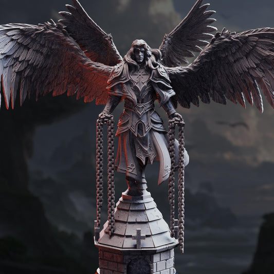 A detailed 3D rendering of a winged statue with a chain around its neck, standing on a pedestal.