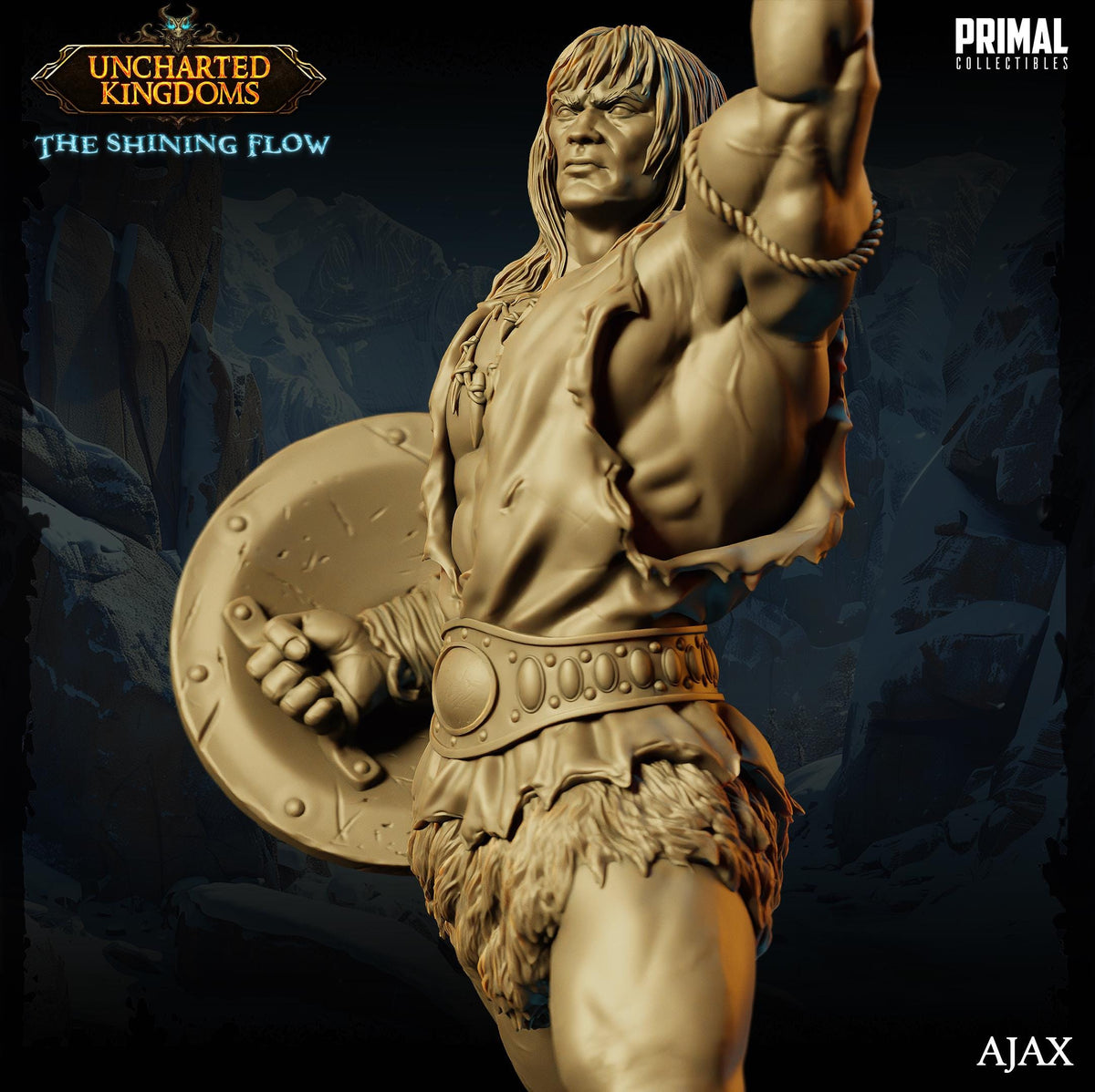The image is a 3D rendering of a warrior figure, likely from the video game "Uncharted Kingdoms: The Shining Flow". The figure is depicted in a dynamic pose, with one arm raised and the other arm extended, suggesting a powerful and determined stance. The warrior figure is wearing a shield and a belt, which are typical accessories for such characters. The background of the image is dark and features a rocky landscape, which adds to the overall atmosphere of the scene.