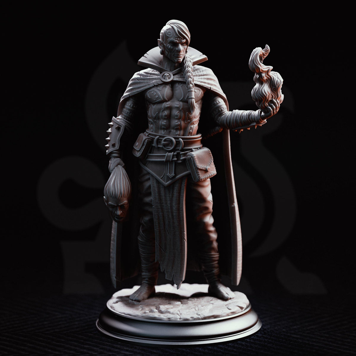 A detailed 3D model of a fantasy character, possibly a warrior or magical being, standing on a pedestal and holding a flame.