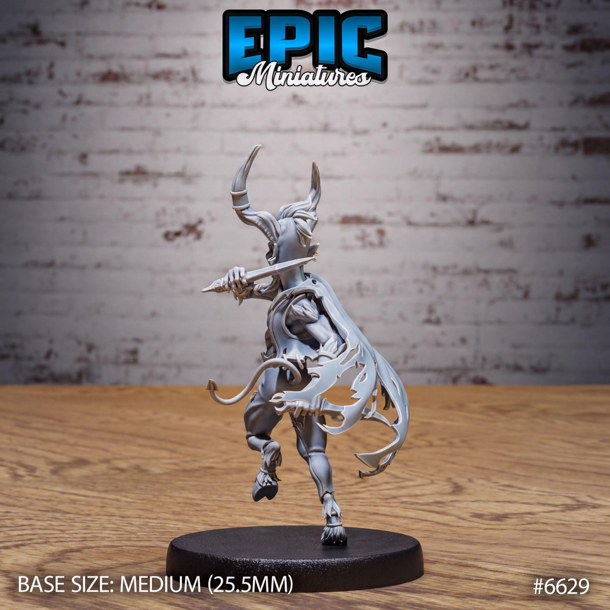 A figurine of a winged, horned creature with a sword in its hand, standing on a black base. The figurine appears to be a miniature model of a fantastical creature, possibly a dragon or a mythical beast. The background is a brick wall, which adds to the overall aesthetic of the image. The figurine is described as being "MEDIUM" in size, with a "BASE SIZE: 25mm" indication. The image is also numbered "#6629".