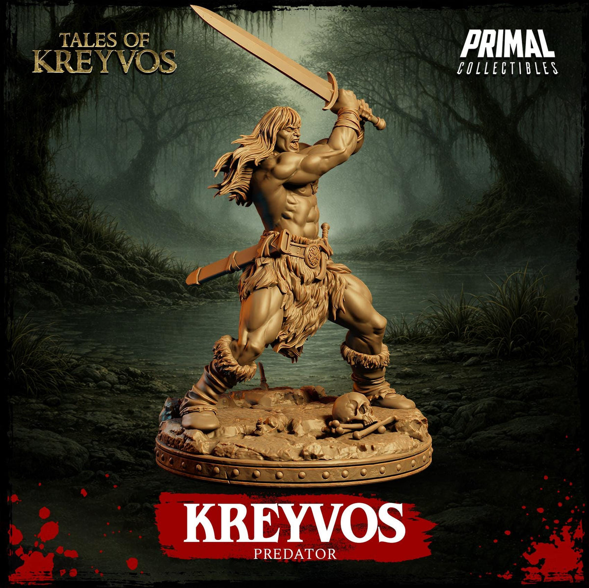 A statue of a muscular, bearded warrior wielding a sword, standing in a dark, misty forest setting.