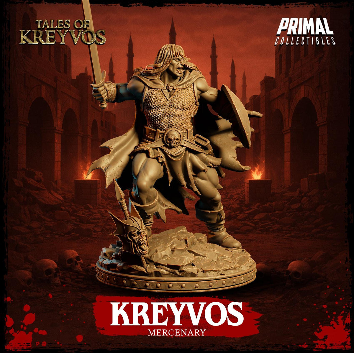 a statue of a warrior figure, specifically Kreyvos, standing in a dramatic pose with a sword in hand. The background depicts a dark, ominous scene with a castle or fortress-like structure and a fiery sky, creating a sense of danger and intensity.
