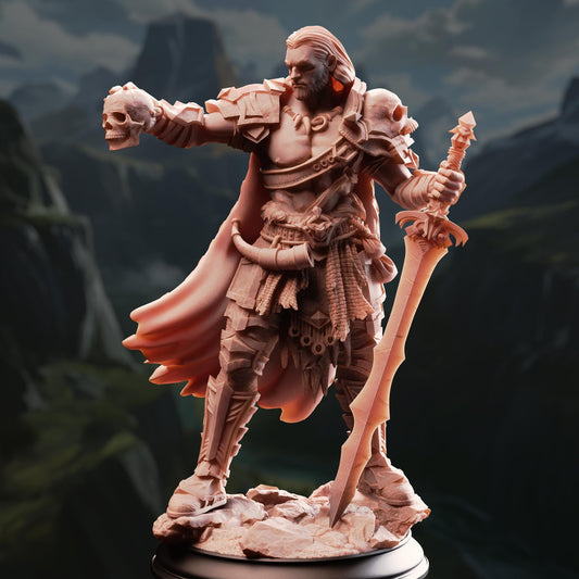 A detailed 3D model of a warrior figure, holding a sword and a skull, standing on a rocky base against a mountainous landscape background.