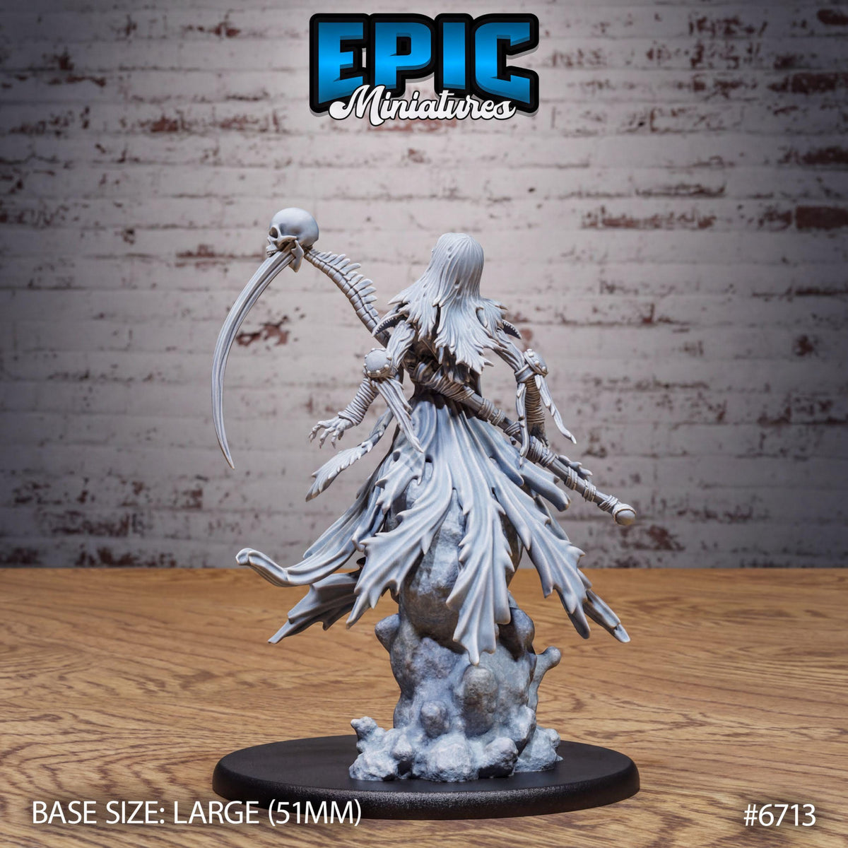 A large statue of a figure with a long, curved weapon and a skull-like headdress, standing on a black base.