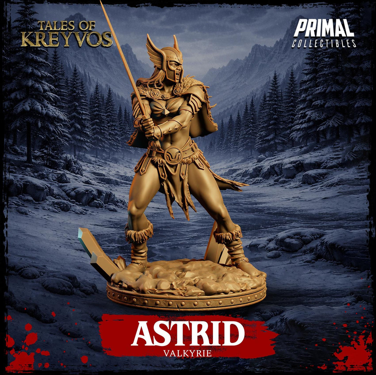 a golden statue of a warrior standing in a snowy landscape, holding a sword and wearing a helmet with wings.