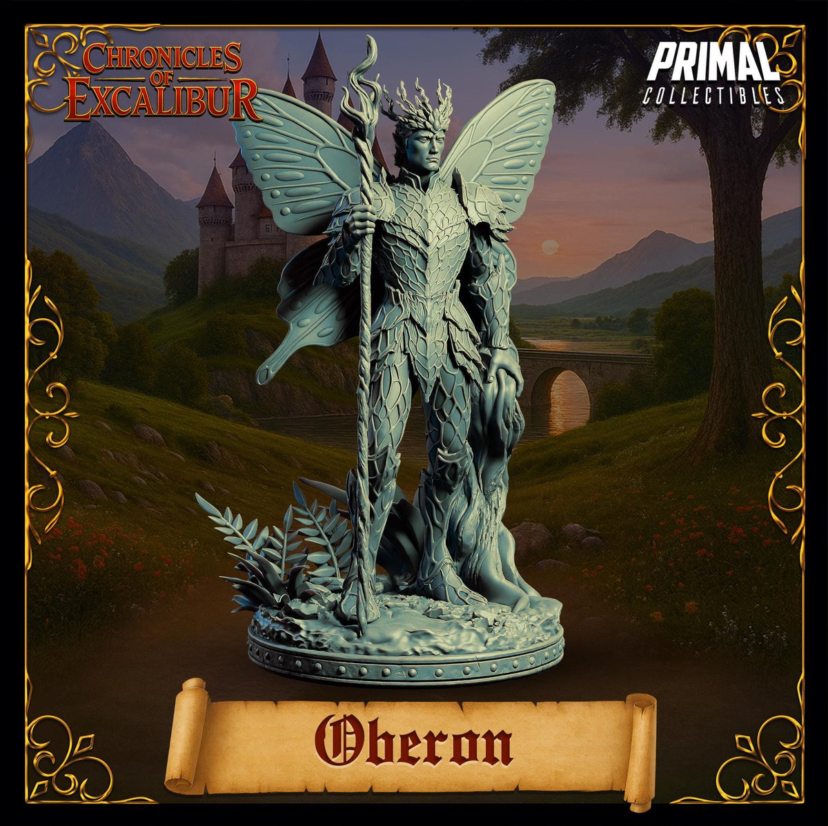 a statue of a winged, armored figure standing in a landscape with a castle in the background.