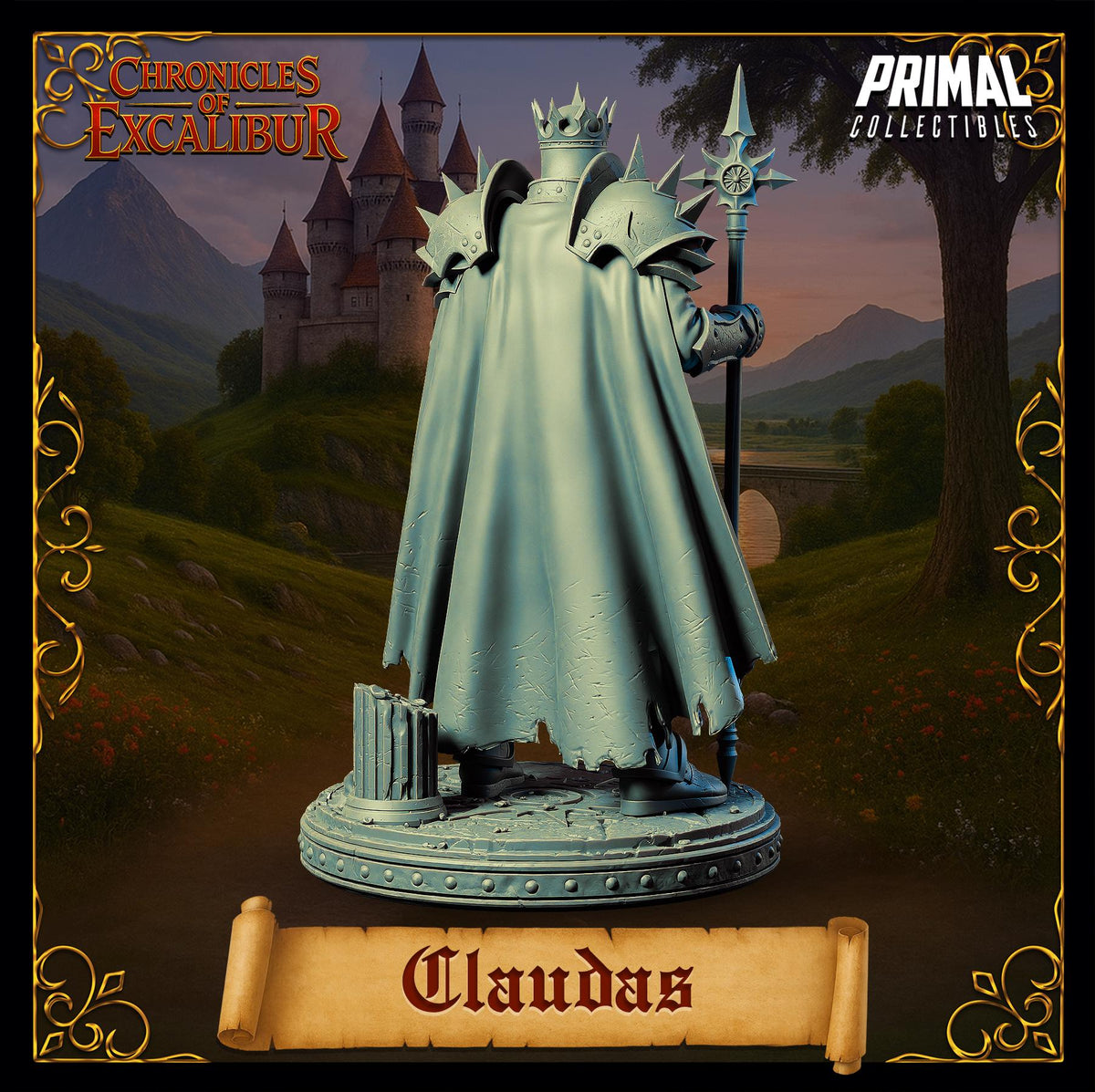A statue of a person wearing a crown and holding a staff, standing in front of a castle in a fantasy setting.