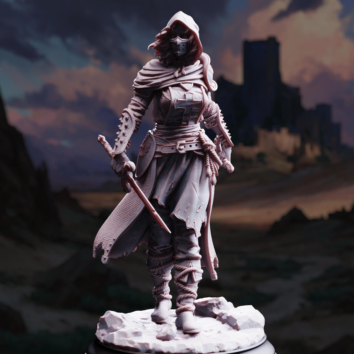 A 3D model of a female warrior figure, wearing a hooded cloak and wielding a sword, stands in a desert landscape with mountains in the background.