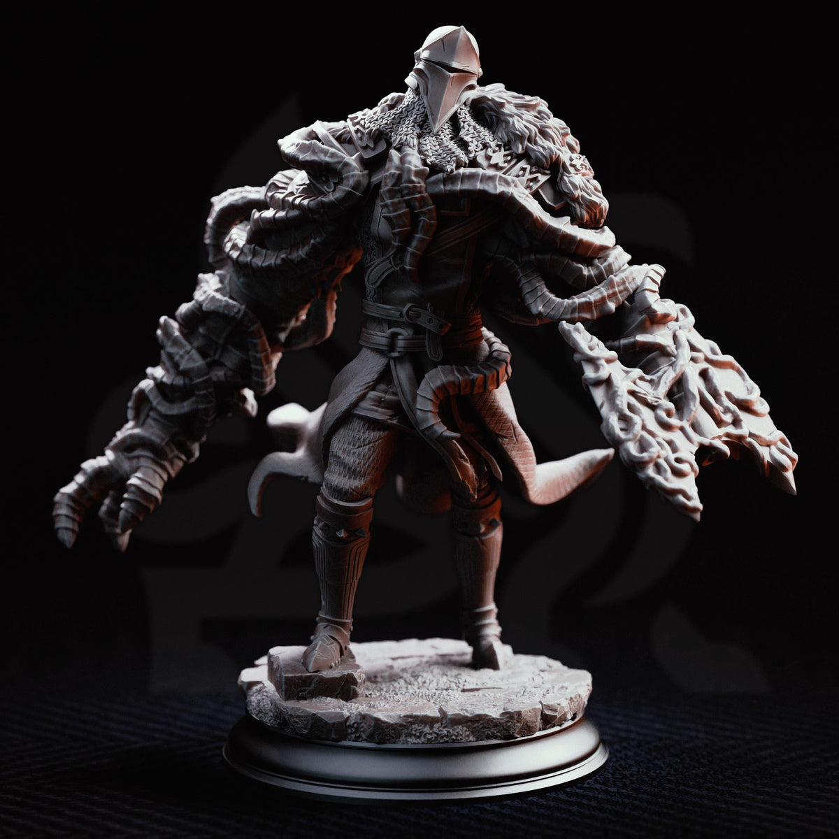 A detailed 3D model of a fantasy character, possibly a warrior or knight, with intricate armor and a fierce expression.