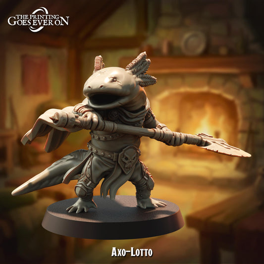 A figurine of an amphibian character, possibly a salamander or frog, holding a weapon and standing in a room with a fireplace in the background.