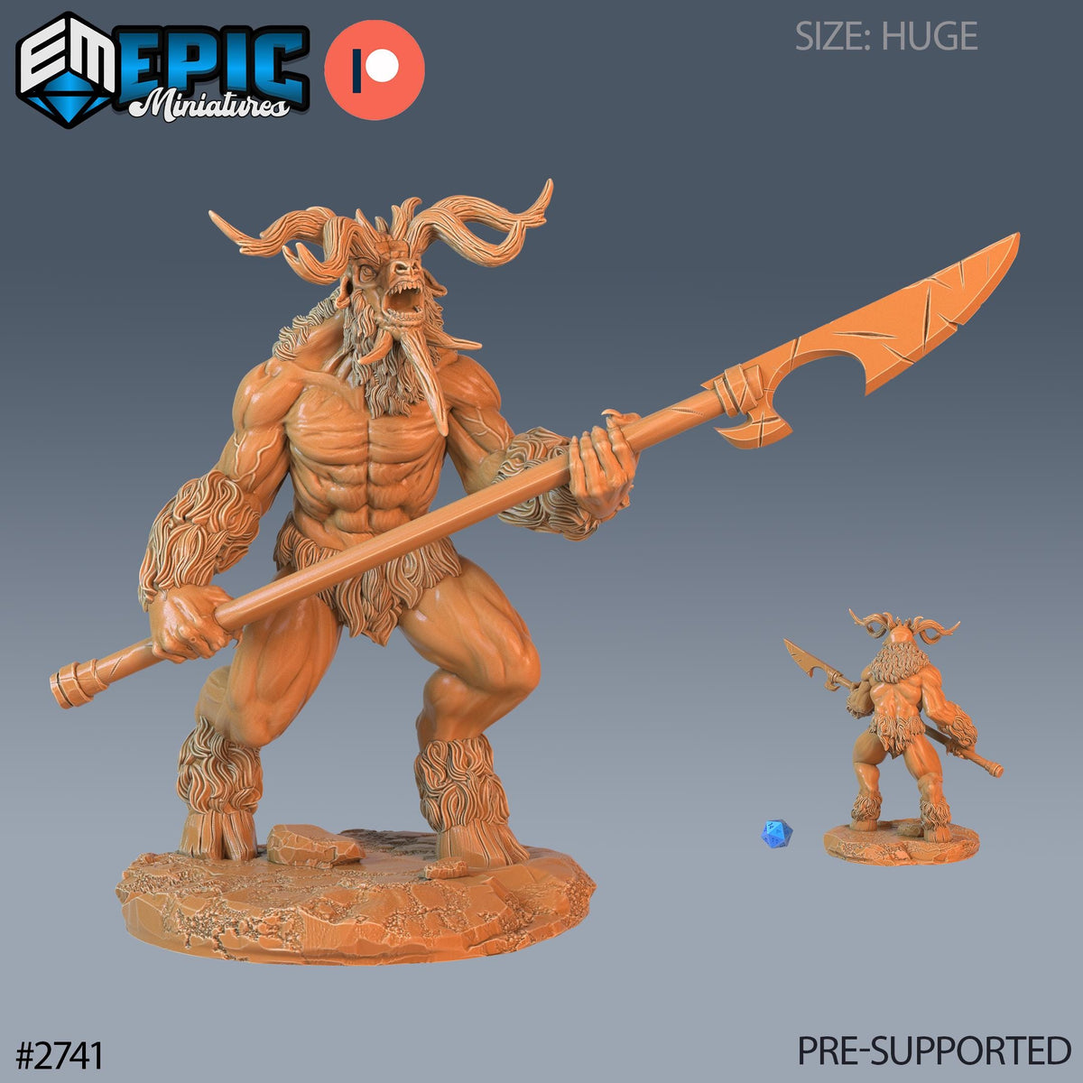 a large, detailed figurine of a mythical creature, possibly a monster or a dragon, holding a large weapon and standing on a rocky surface. The figurine is the main focus of the image, and there is a smaller figurine of the same creature in the background. The image does not contain any text or additional objects, and the relative size of the figurines is described as "large" and "small".
