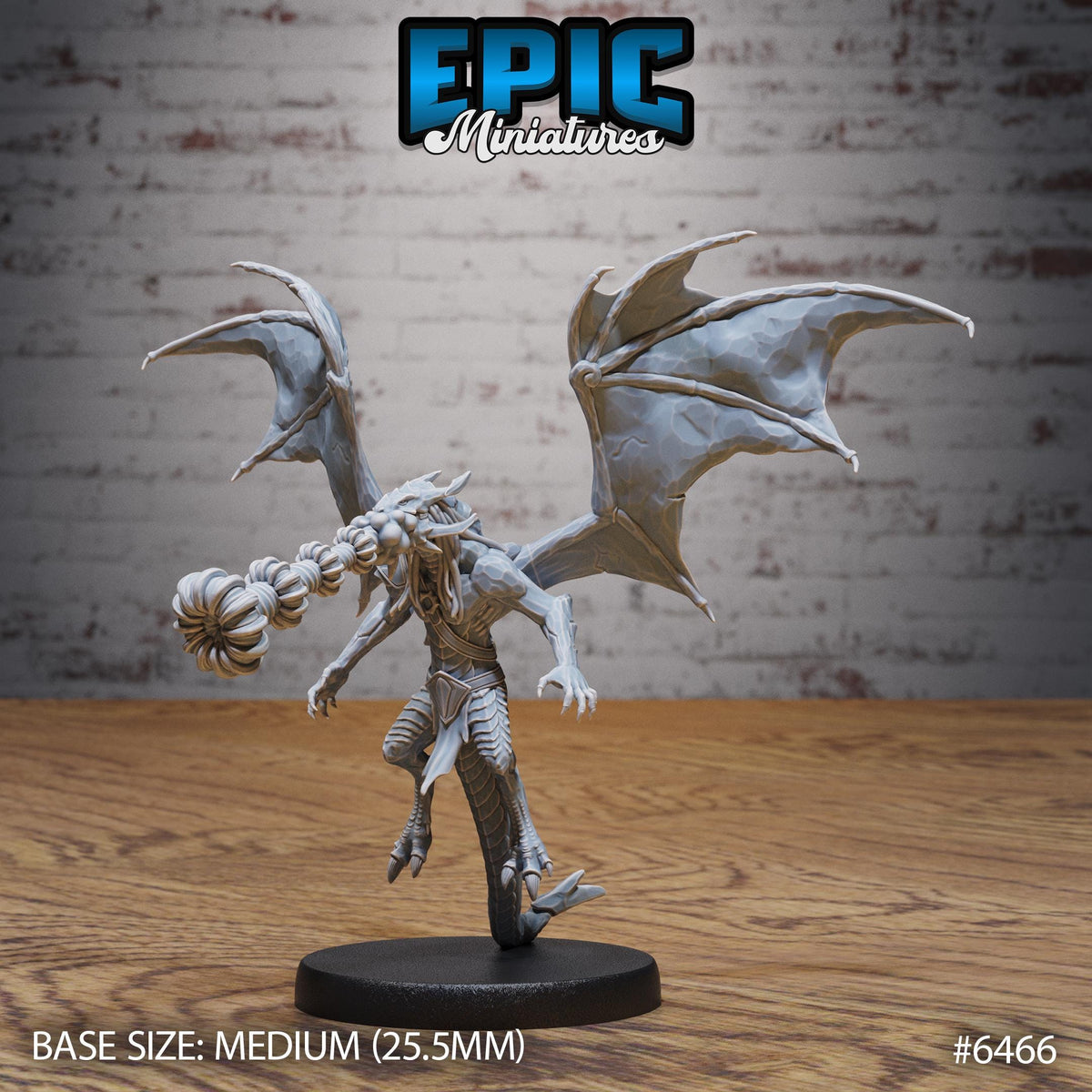 A detailed 3D model of a winged creature with a long tail, standing on a black base. The creature appears to be a miniature model of a dragon or mythical creature, with a textured, metallic appearance. The background is a brick wall, providing a rustic, industrial feel to the scene. The image is labeled with the text "Epic Miniaturies" and "BASE SIZE: MEDIUM (25.5MM)" indicating the scale and size of the model.