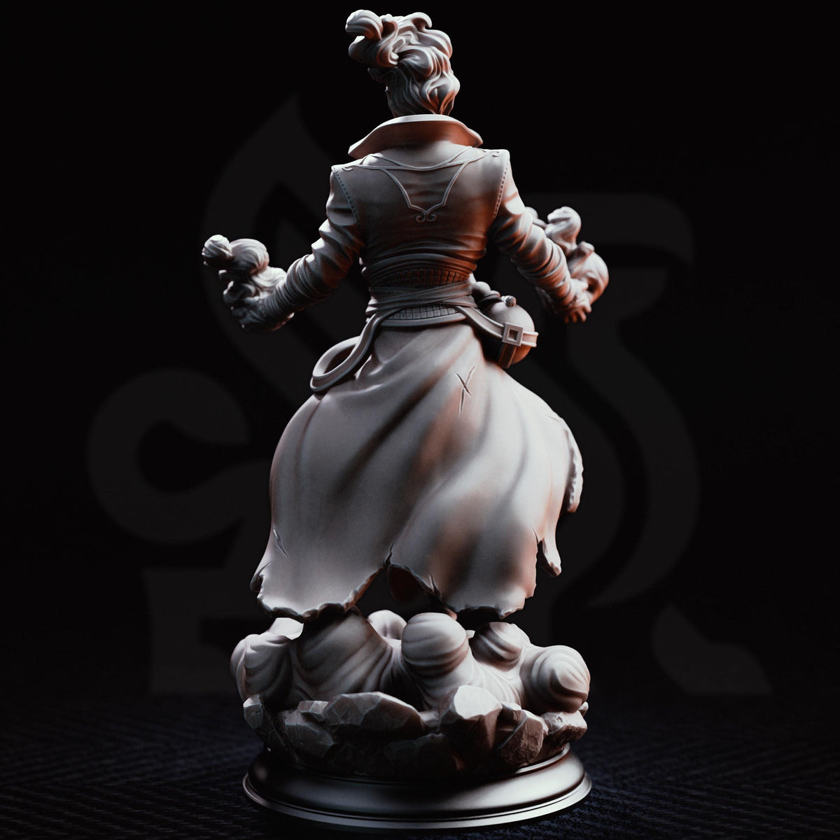 A 3D rendering of a female figure in a flowing dress, standing on a pedestal and holding a small object in her hand.