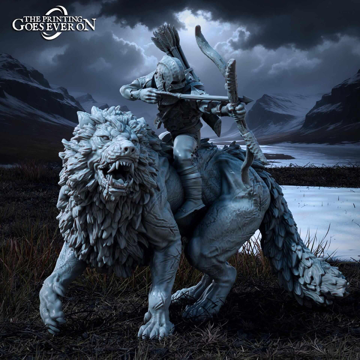 3D Resin Miniature Ironmoor Warg Mounted Orc poised with a bow on a fearsome creature against a dramatic landscape.