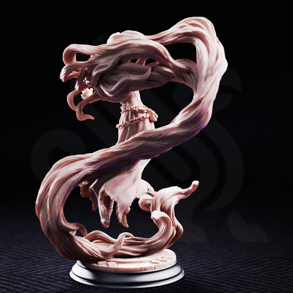 A 3D rendering of a stylized female figure with flowing, ethereal hair and a flowing dress, set against a dark background.