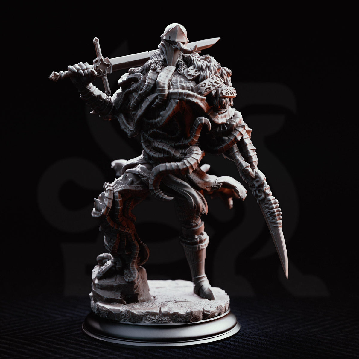 A detailed 3D model of a warrior figure, holding a sword and shield, standing on a pedestal against a dark background.
