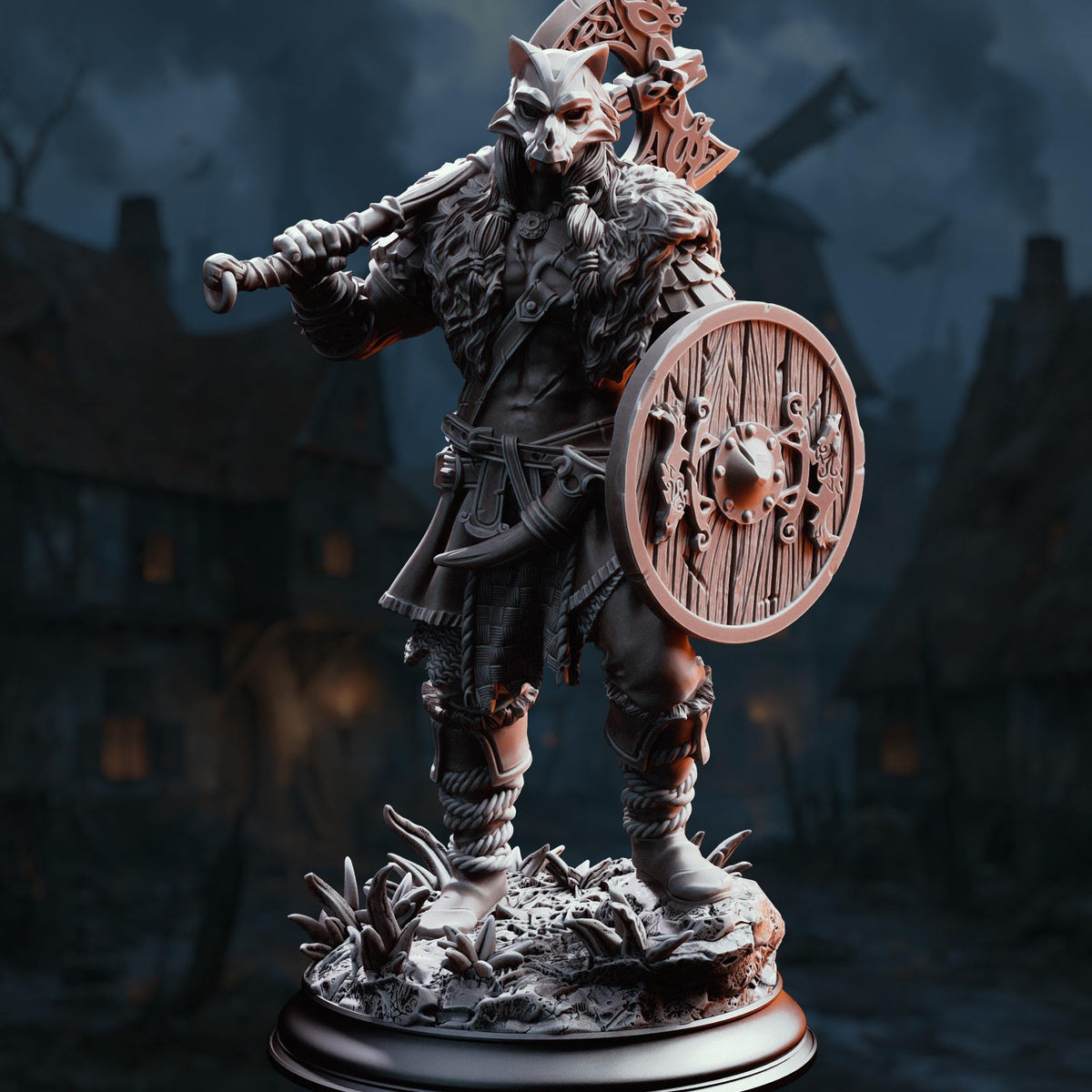 A detailed 3D model of a warrior figure, wearing a fur-trimmed helmet and wielding a large sword, stands on a base with a shield. The background depicts a dark, stormy landscape with a castle-like structure visible in the distance.